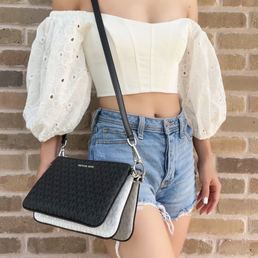 NWT Michael Kors Pouch Crossbody Bag White Grey Black